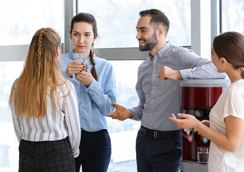 people talking while drinking water