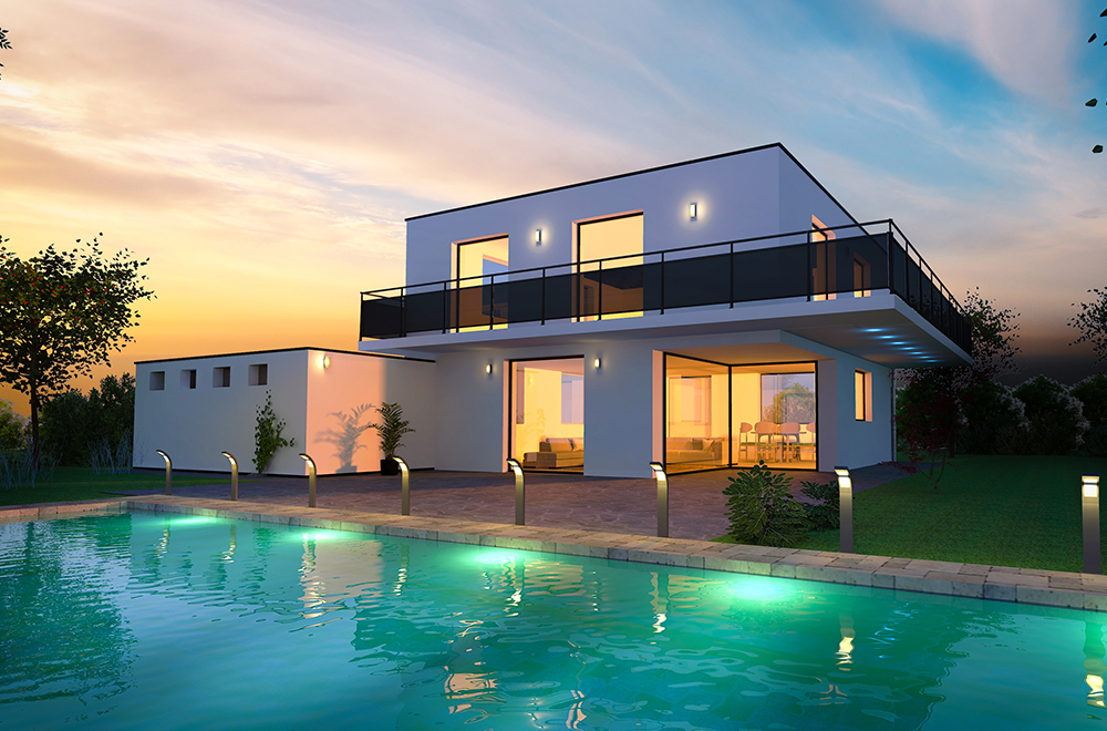 house at sunset with a quiet pool